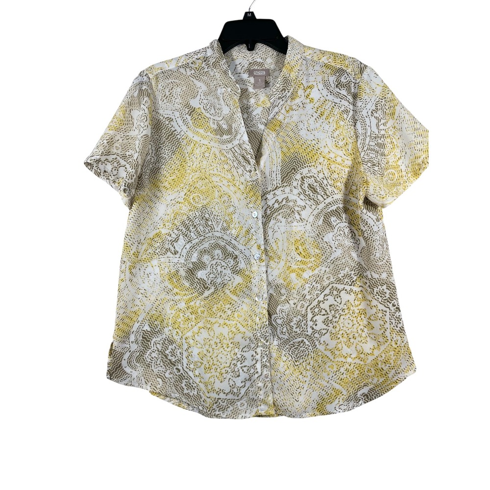 Chico's Button-Up Top Paisley Print Short Sleeve Blouse Yellow Size 1 Women